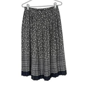 Vintage 90s Black White Ditsy Floral Pleated Midi Skirt Womens Small Striped